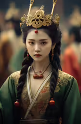 asian girl with braids and tiara in traditional costume,a beautiful doll wearing a tiara and necklace