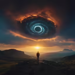 a man looks at the view of the sun rising behind him