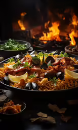 a large pan filled with different food sitting next to bowls