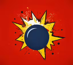 a graphic painting on a red surface depicts the blue ball,an image of a blue ball that has been hitting it