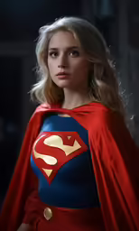 the beautiful young blonde woman in a superman costume