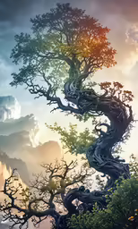 a mountain forest that resembles twisted tree branches and has a sunlit sky above it