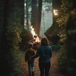 the two children are walking through the woods