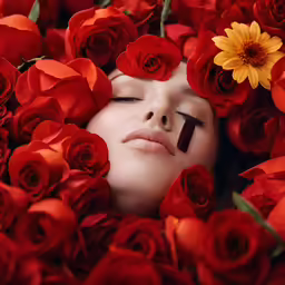 a woman surrounded by red roses and a flower on her face