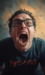 a man in glasses has his mouth open