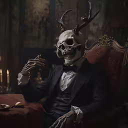 a skeleton sitting on top of a red couch with a weird looking face
