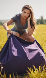 young woman sitting in field talking on her phone
