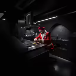 the man is cooking in his dark kitchen