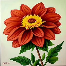 this is a flower painting made with acrylic paint,a flower with long petals on a yellow stem,a colorful painting of a flower on a light green background,a large red and yellow flower on a white background,painting of a red dahlia with yellow and green petals