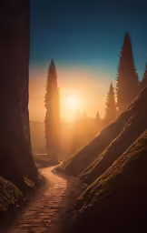 the sun setting over a wooded mountain with fog