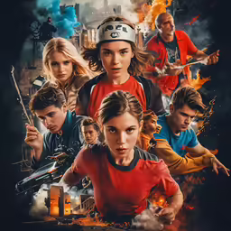 a movie poster with multiple children standing in front of it