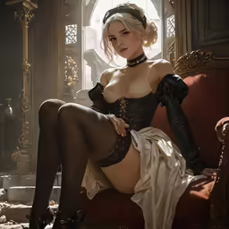 a woman in lingerie sitting on a couch with her legs crossed