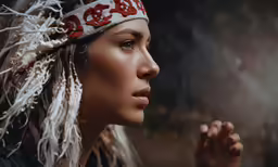 an indian woman with white feathers and a headband