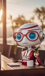 a robot with sunglasses and eye glasses near a computer