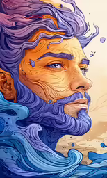 the face of an old man, with a purple hair and beard and beard, surrounded by water