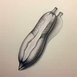an artwork showing a peal on top of a piece of paper,the ink drawings is very pretty and unique,the drawing shows a long, slender banana,a pen drawing of two peas on paper,a black and white drawing of a banana