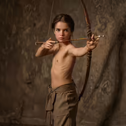 a child wearing brown pants holding a bow