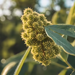a plant with many flowers and leaves with some sunlight shining in the background
