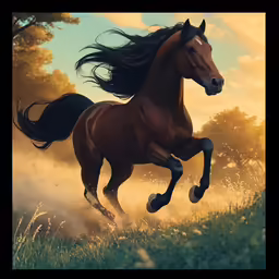 there is a horse that is galloping through the grass