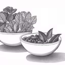 two white bowls holding vegetables and leafy greens