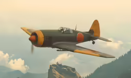 an old style airplane flying past a mountain range