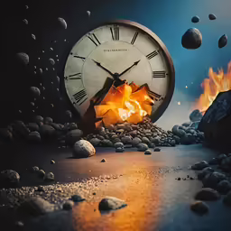 a clock surrounded by rocks and fire and stones