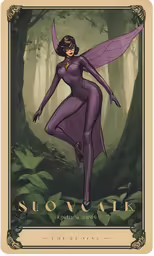 the painting shows a woman in an elf outfit and purple hair, standing in front of some trees
