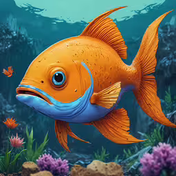 an orange fish with blue eyes swimming in the water,this is an artist