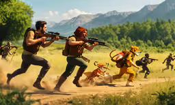 an image of a painting of some people playing some hunting,an image of a bunch of people running with rifles