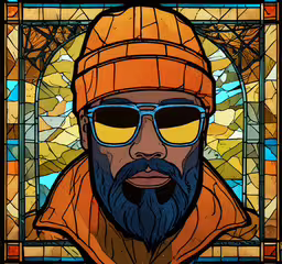 a man wearing sunglasses and a orange coat,this is an image of a man wearing glasses and a hat