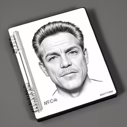 a notebook with an image of a man with a head cut out