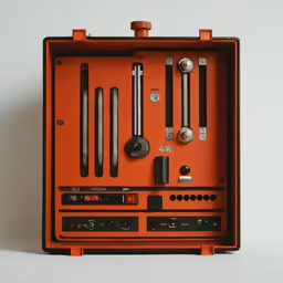 an orange tool box with various tools inside