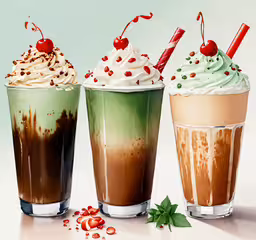 three cold drinks sitting on top of each other,three drinks in cups on a table with different toppings