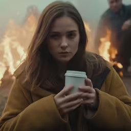 a woman holding a cup in her hands while sitting in front of a fire
