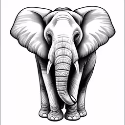 a drawing of an elephant is shown on the wall,a large elephant with tusks standing in front of a white background