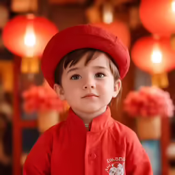 small child in red outfit looking into the distance