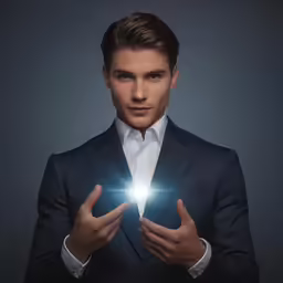 man in a suit holding a flashlight with his hands
