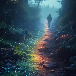 a person on a path near some trees in the mist