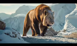 the lion walks on a snowy surface with mountains in the background