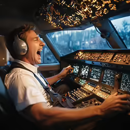 a man is playing on the controls in an airplane