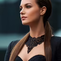 a young lady with very long hair is wearing a black dress and a black choker
