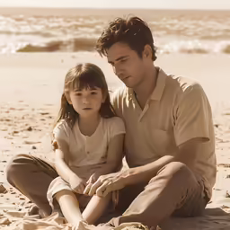 a man and a little girl sit on the beach