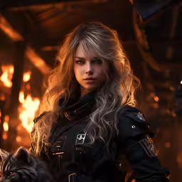 woman in uniform with wolf fur staring towards camera,a woman in black outfit holding a gray cat