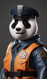 a panda in a uniform is posing for a photo,a panda bear dressed as a police officer