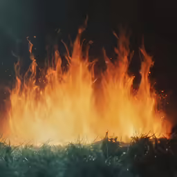 a field with grass on it with bright orange flames