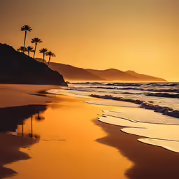 a sunset on the beach with palm trees