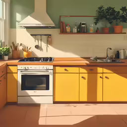 a kitchen with yellow cupboards and tiled flooring
