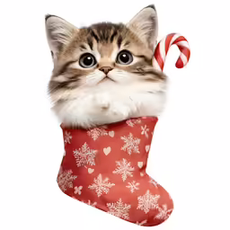 a small kitten with his head inside a christmas stocking
