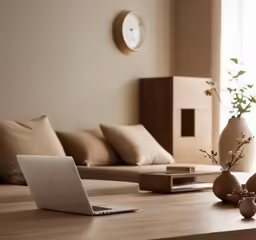 an open laptop computer sitting on top of a wooden table