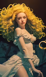 a woman is in a white dress with curly yellow hair